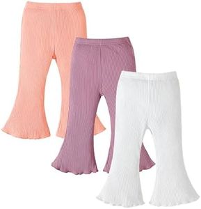 Coaturi 3 Pack Baby Girl Pants: Infant Solid Ribbed Flare Pants Cotton Pull On Bottoms Leggings for Toddler 0-24 Months(White/Pink/Purple, 0-3 Months)