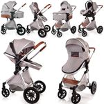 Baby Pram Pushchair Buggy Stroller 3 in 1 Child Lightweight Folding Stroller 3 in 1 Travel System Pram for Newborns Toddlers 0-36 Months from Birth Aluminum (Light Grey - Silver Frame)