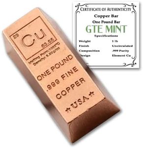 1 Pound Copper Bullion Bar Ingot Paperweight - 999 Pure Chemistry Element Design with Certificate of Authenticity