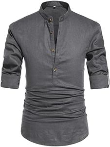 NITAGUT Men Henley Neck Long Sleeve Daily Look Linen Shirts Casual Beach T Shirts (US S/Chest 34-37, Dark Grey)