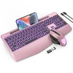 Wireless Keyboard and Mouse Backlits, Wrist Rest, Jiggler Mouse, Rechargeable Ergonomic Keyboard with Phone Holder, Silent Light Up Combo for Computer, Mac, PC, Laptop, Chromebook (Rose Gold)