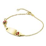 Miore Kids name plaque children's bracelet with 2 enamel ladybirds in 9 kt 375 yellow gold, length 14 cm (12 cm + 2 cm extention) spring ring closure