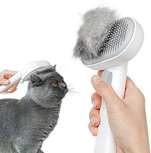 aumuca Cat Brush with Release Button, Cat Brushes for Indoor Cats Shedding, Cat Brush for Long or Short Haired Cats, Cat Grooming Brush Cat Comb for Kitten Rabbit Massage Removes Loose Fur, White