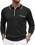 COOFANDY Mens Long Sleeve Polo Shirts Button Down Casual Shirts with Collar Knit Business Shirts Black