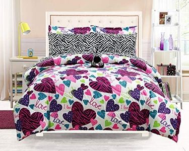 Grand Linen - Girls Kids Bedding-Misty Zebra Tween Teen Dream Bed in A Bag. (Double) Full Size Comforter Set, Sheet Set and Plush Zebra Pillow Included-Love, Hearts-Hot Pink, Purple, Black and White