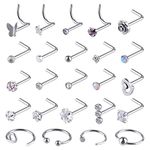 KUUQA 24 Pcs Nose Rings Set Czech Diamond Nose Stud Butterfly Star Rose Nose Screw Nose Hoop Ring Earrings Lip Piercing Jewellery, 20 G