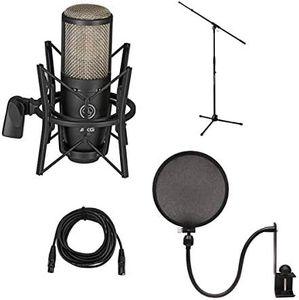 AKG Project Studio P220 Large Diaphragm Condenser Microphone - Bundle With Ultimate JS-MCTB200 Tripod Microphone Stand, Nady SPF-1 Microph on e Pop Filter, 25' XLR M to XLR F Mic Cable