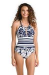 La Blanca Women's High Neck One Piece Swimsuit, Indigo//Beach Bungalow, 4