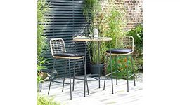 OUTLIVING Rattan Wicker Outdoor Bar Patio Round Table with 2 Cushion Chairs Set for Home Graden Balcony 2 Seater Bar Patio Furniture_(Black)