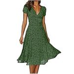 AMhomely Summer Dresses for Women UK Clearance Elegant V-Neck Bandage Dot Print Casual Short Sleeve Dresses for Special Occasions Ladies Maxi Dresses Plus Size Petite Sexy Dress UK Size