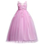 IWEMEK Kids Big Girls Bridesmaid Tulle Lace Dress School Girls Elegant Communion Ball Gown Dance Pageant Birthday Christmas Party Prom Evening Wedding Flower Dress Sleeveless Floor Length Pink 15-16