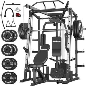 SunHome Smith Machine with Weight Stack, 2000LBS Power Cage Squat Rack with LAT Pull-Down Systems, Cable Crossover Machine for Home Gym (Black, S4 Pro Set (with Bench & 230lb Color Bumper Plates))