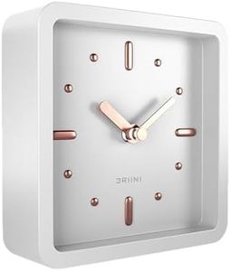 Driini Modern Mid Century Desk & Shelf Clock (White Rose Gold) - Battery Operated with Silent, Analog Movement – Small Tabletop Clocks for Office – Perfect for Mantle, End Table, Desktop or Nightstand