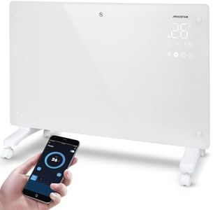 Aigostar Radiateur Electrique à Panneau de verre ultra fin, 1000/2000W. Connexion Wi-Fi, Alexa, Minuterie 24h, 3 Modes, Écran Tactile LED. Programmable. Fixation Murale ou sur pied - Helen Smart Blanc