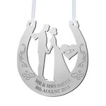 Personalised Mirrored Acrylic Wedding Horseshoe Mr & Mrs Custom Anniversary Bridal Gift New Couple Gift Engraved Name Date Acrylic Plaque Engagement Gift(Wedding, Silver)