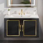 DWVO 30" Bathroom Vanity with Ceramic Sink, Floating Vanity with Cabinet, Wall Mount Modern Bathroom Vanity Includes Countertop, with Soft Closing Doors & Gold Metal Handle, Black