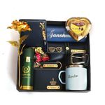 Atrum Shutrum Your Name Customized Mens Gift Hamper Set With Water Bottle, Passport Cover, Pen, Men Wallet, Sunglasses Cover, Keychain, Chocolates, Golden Rose With Coffee Mug and Belt (Blue)