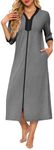 Ekouaer Women's Zipper Robe 3/4 Sleeves Housecoat Full Length Nightgown Soft Loungewear Robe with Pockets(Mid Gray, Large)