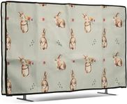 kwmobile Dust Cover for 49-50" TV Dust Cover - Linen Fabric TV Protector - Rabbits and Flowers White/Brown/Gray Green