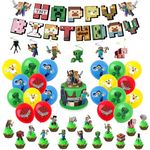 Mine Craft Balloons Birthday Decorations Mine Craft Cake Topper Happy Birthday Banner Gaming Party Decorations for Boys Girls Cupcake Toppers Gaming Balloons Foil Cartoon Birthday Theme Party Supplies