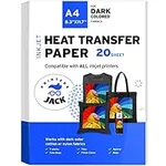 Printers Jack Iron-On Heat Transfer Paper for Dark Fabric 20 Pack 8.3x11.7" T-Shirt Transfer Paper for Inkjet Printer Wash Durable, Long Lasting Transfer, No Cracking