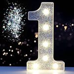 Pooqla Marquee Numbers Lights, Light up Silver Numbers, Glitter Numbers Night Light Battery Powered for Christmas Wedding Home Bar Birthday Party Decoration, Silver Number 1