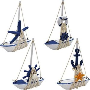 YOOHUA 4PCS Mini Sailboat Model Decoration Wooden Miniature Sailing Boat Home Decor Set, Beach Nautical Design, Navy Blue and White, 4.4 x 6.8 x 1.25 Inches