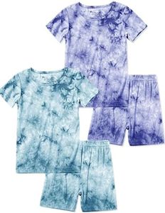 Jimonda Kids Soft Rayon From Bamboo Sleepwear Short Sleeve Boys Girls Pajama Outdoor 4-Piece tops&shorts Casual sets Tie Dye PJ(Blue&Purple,11-12Y)