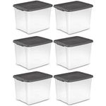 Sterilite 19373V06 50 Quart / 47 Liter Shelf Tote, Clear Base with Flat Gray Lid and Latches, 6-Pack