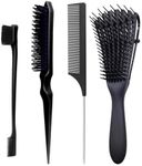 Hair Brush with Hair Styling Comb Set, Detangling Hair Brushes for Women Men Kids Curly Hair, Hair Brush Set with Detangler Brush Teasing Hair Brush Rat Tail Comb Edge Brush (Black)