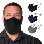 TUFF Face Mask Adult XL Size 3 Pack Breathable Washable Reusable - Adjustable Loops (Black Gray Navy Blue)