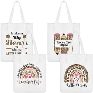 Mixweer 4 Pcs Teacher Canvas Totes Bag Teacher Appreciation Gifts Teacher Gifts Bag for Women (Leopard Print Style)