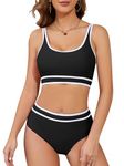 SHEKINI Women's Sporty Bikini Sets Two Piece High Waisted Swimsuits Tummy Control Scoop Neck Color Block Cheeky, Black, Small