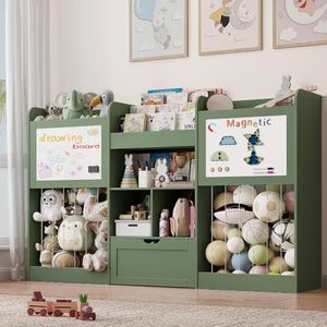 70.8" W Toy Organizers and Storage, 378L Large Stuffed Animal Storage with 3-Tier Bookshelf, 2 Magnetic Drawing Boards and Open Cubbies & Rolling Drawer for 120+ Plush Toys, Playroom Nursery, Green