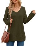 MISFAY Sweaters for Women Casual Long Sleeve V Neck Shirts Solid Color Tunic Tops for Leggings,Army Green,S