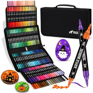 120 Colors Acrylic Paint Markers, Dual Tip Fine and Brush Tips Pens Contain 24 Metallic Color for Stone, Wood, Calligraphy, Canvas, Ceramic, Metal, Glass, Rock Painting, DIY Crafts Art Supplies Kit