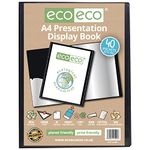 eco-eco A4 Size 50% Recycled 40 Pocket Black Presentation Display Book, Storage Case Portfolio Art Folder with Plastic Sleeves, eco004