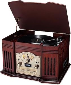 ClearClick All-in-One Turntable with 3-Speed Record Player, Bluetooth, CD, Cassette Tape, AM/FM Radio, Aux, USB, Built-in Speakers, Handmade Wooden Exterior