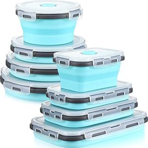 8 Pieces Collapsible Food Storage Containers Foldable Silicone Lunch Containers with Lids, 4 Pcs Silicone Rectangle Collapsible Bowls and 4 Pcs Round Food Bowls, Microwave Freezer and Dishwasher Safe