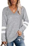 Famulily Comfy V Neck Stripe Baseball T Shirt for Women Ladies Plain Long Sleeve Blouse Sweatshirt Tunic Tops(Grey,L)