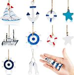 Jetec 22 Pcs Christmas Ocean Ornaments Beach Tree Decorations Coastal Mini Nautical Decor Wooden Hanging Ornament Life Ring Starfish Anchor Christmast Tree Decorations for Home Small Tree Party Office