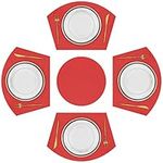 SHACOS Wedge Shape Placemats with Centerpiece Round Mat Set of 5 Large Size Round Table Place Mats Washable Dining Table Placemats Reversible, Red