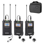 Comica CVM-WM100PLUS - Wireless Microphone System for Cameras, Camcorders, Smartphones, Laptops, Professional UHF Wireless Lavalier Lapel Microphone with Dual-Channel Recording, AA Batteries