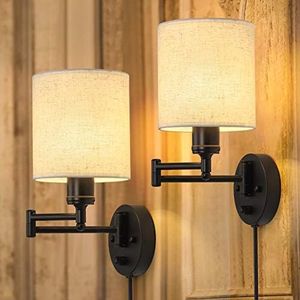 CADUKE Plug in Wall Light Set of 2, Swing Arm Wall Lamps, Modern Bedroom Wall Sconce Fixtures with Linen Lampshade for Reading Hallway Living Room