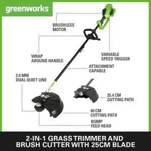 Greenworks 40V Cordless Brushcutter & Grass Strimmer – 40cm, 2 Batteries, Adjustable Height