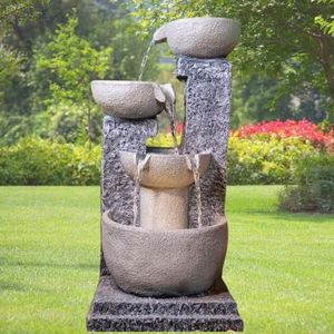 Shawshank 3ft Long 3 Bowl Grey Water Fountain for Indoor Outdoor Garden Home Decor, Stacked 4 Pot Water Fountain
