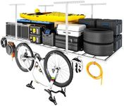 FLEXIMOUNTS Overhead Garage Storage Rack 4x8 Ft, Heavy-Duty Metal Ceiling Rack with 6 Hooks, Adjustable Height 22.6-39.4 Inches for Garage Organization System, White, Lite Series