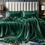 DECOLURE Satin Sheets Queen Size Bed Set 4 Pcs - Elegant Satin Bed Sheets w/ 15 inch Deep Pocket - Hypoallergenic, Double Stitching, Wrinkle Free - Silky & Luxuriously Soft Satin Bedding (Dark Green)