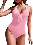 AI'MAGE Womens Swimsuit V Neck Slimming Monokini Push Up Swimming Costume Vintage Scoop Back Swimwear Shaping,Light Pink,M