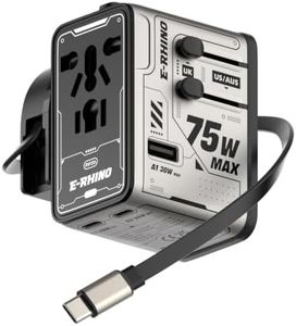 Mfish Universal Travel Adapter with Retractable USB-C Cable, 75W 5-Port International Plug Adapter, 1 USB-A, 3 Type-C, Worldwide Wall Charger for EU/UK/AUS/CN Compatible with Over 200 Countries, Grey
